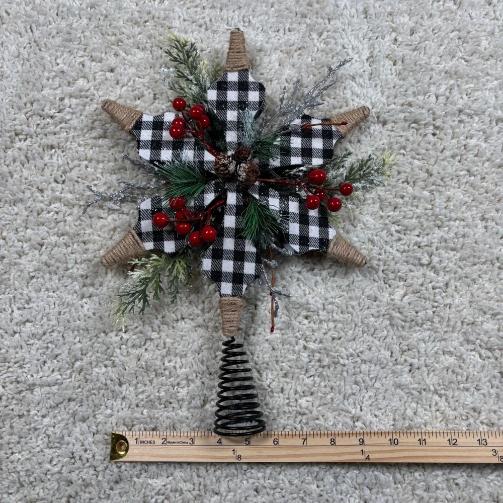 Farmhouse Buffalo Plaid Star Tree Topper Black‎ White Rustic Christmas Decor